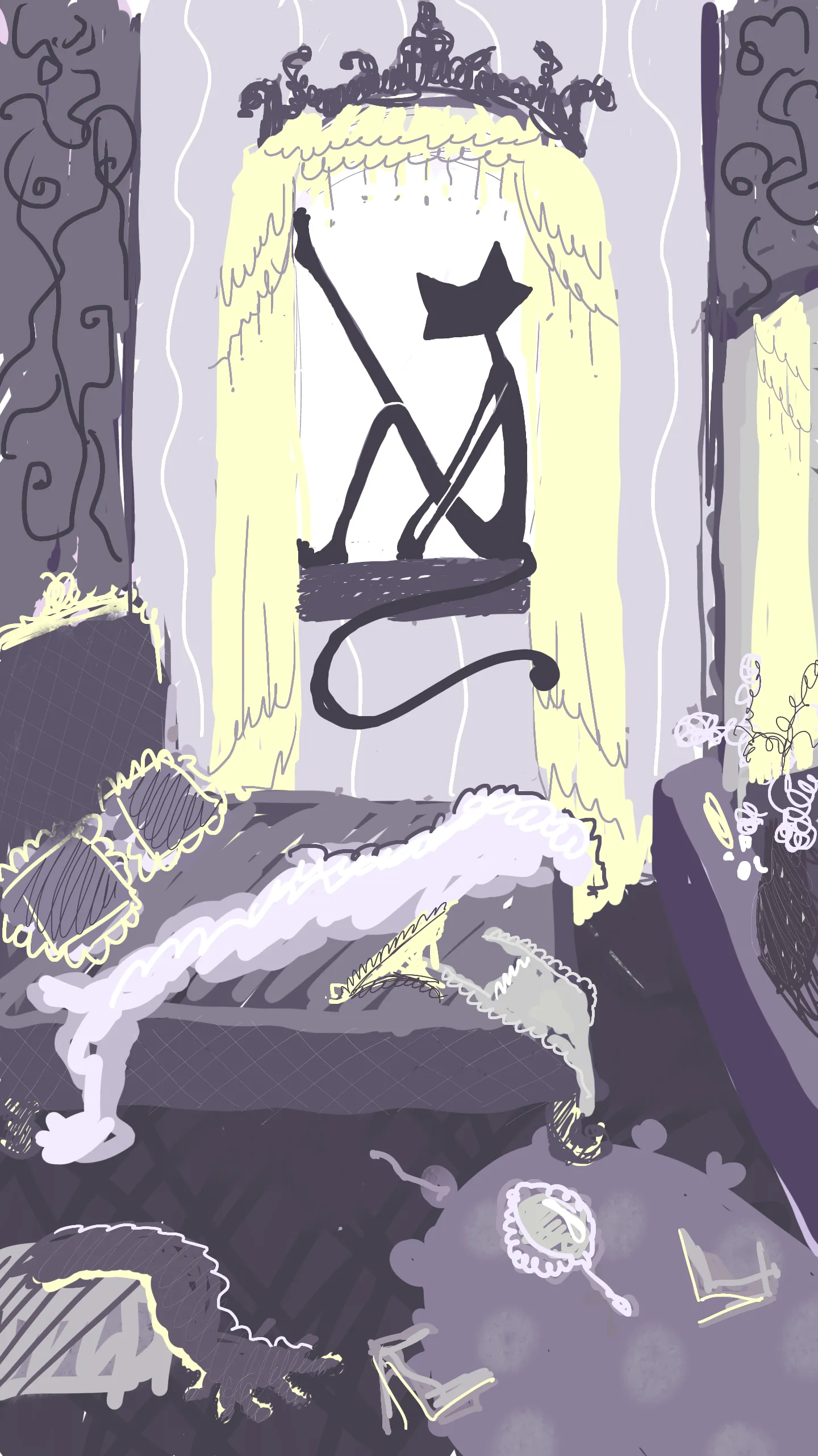 A long-limbed black cat lounges beneath a pale canopy in a lilac room filled with patterned furniture and small objects.