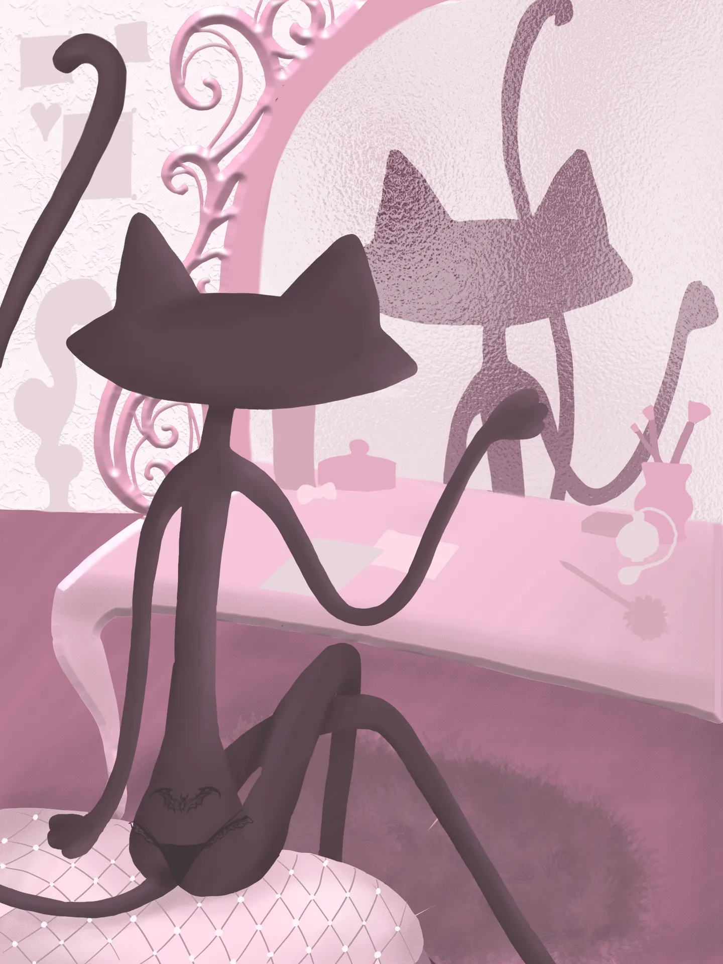 A long-limbed black cat sits before a large mirror in a softly shaded pink room.