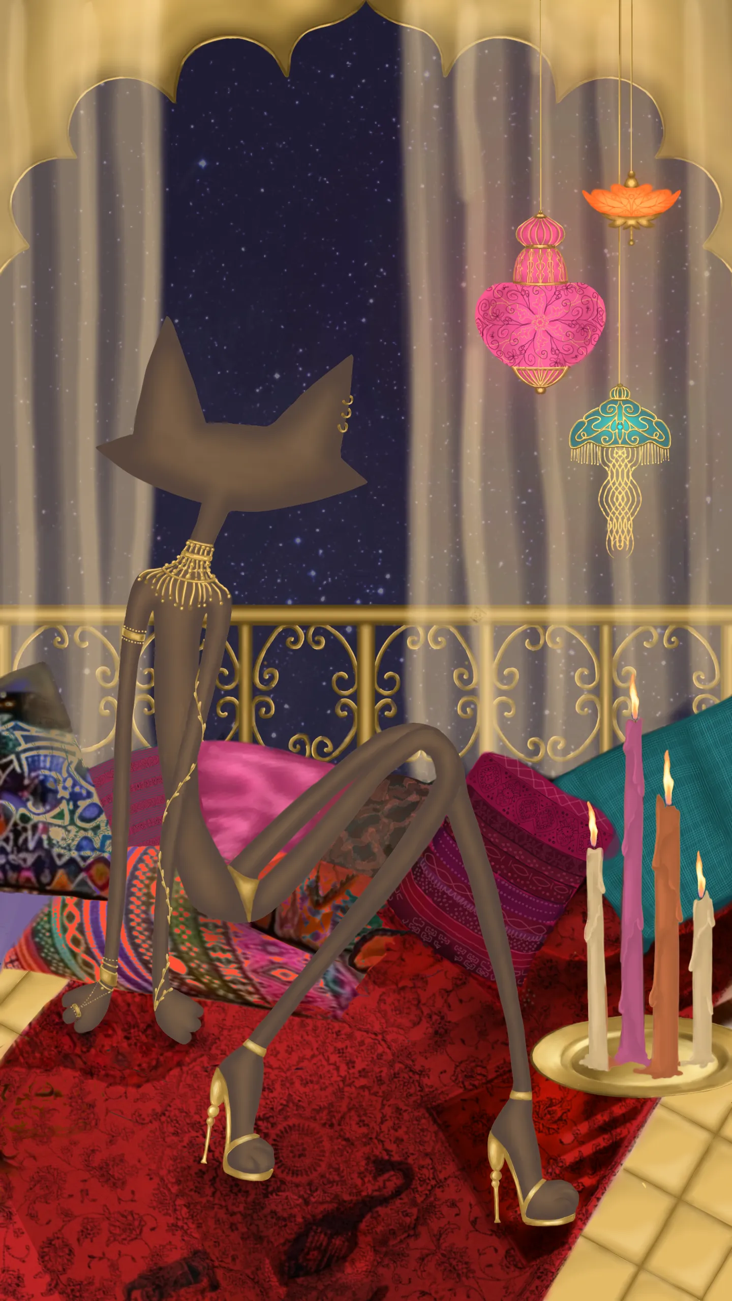 A dark cat sits among cushions and candles on a balcony beneath a deep blue, starry sky.