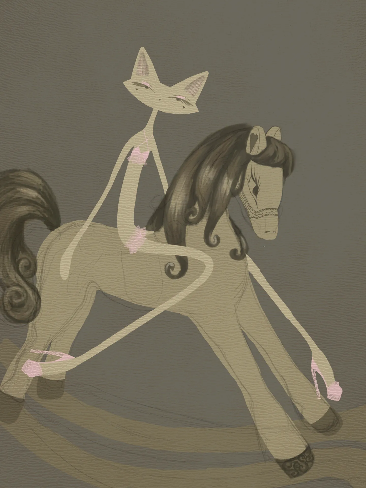 A pale cat-like figure in a pink outfit rides a light brown horse with a long, dark curled mane.