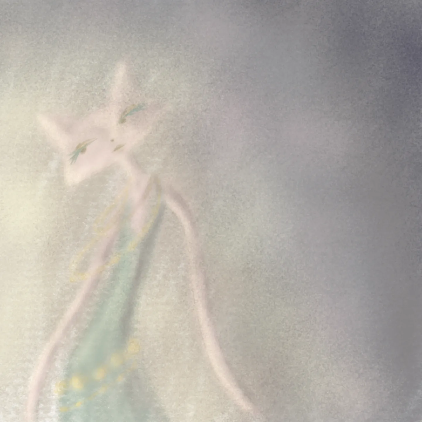 A faint cat-like figure with turquoise details emerges from a grainy grey-cream field, leaving much of the right side open.