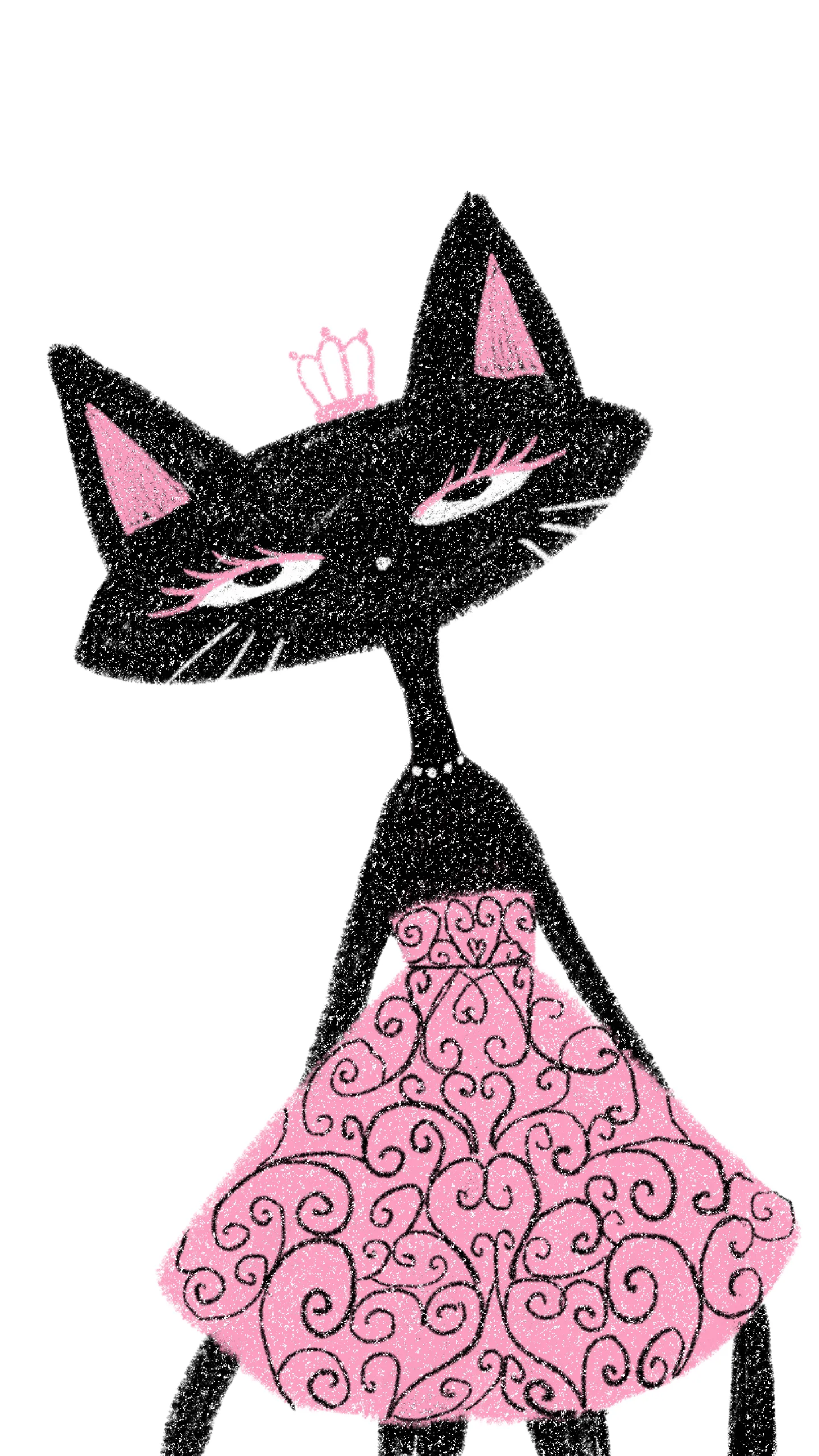 A slender black cat with a small crown wears a broad pink dress covered in dark curls and heart-like motifs.