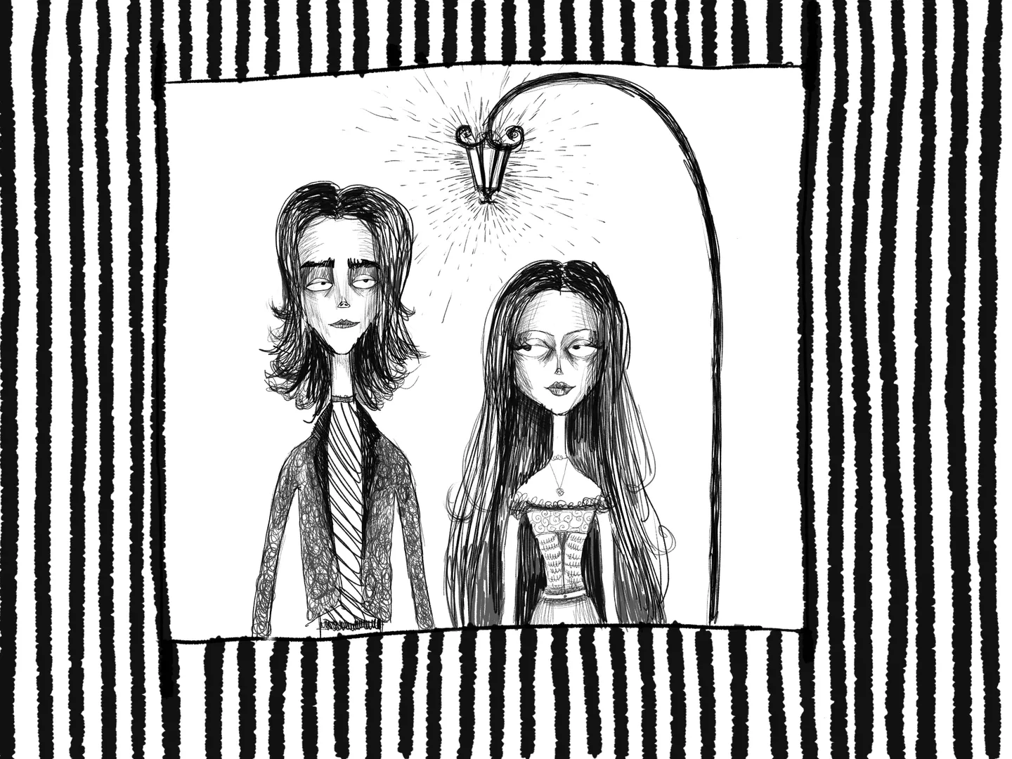 Two long-haired figures appear inside the original black-and-white striped frame beneath a drooping flower.