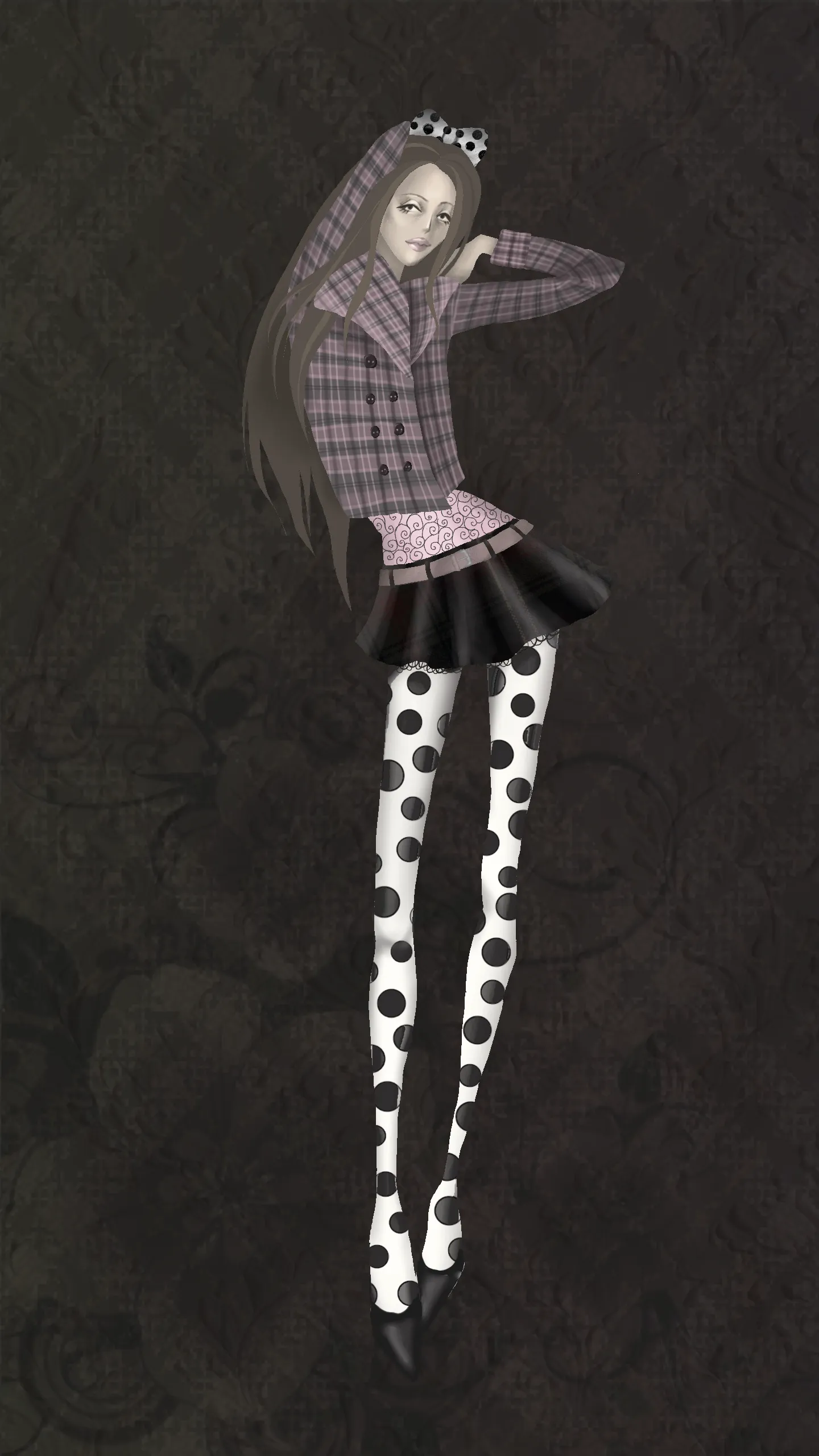 A tall figure poses against a dark ornamental ground, wearing a pink-grey checked jacket and dotted white stockings.