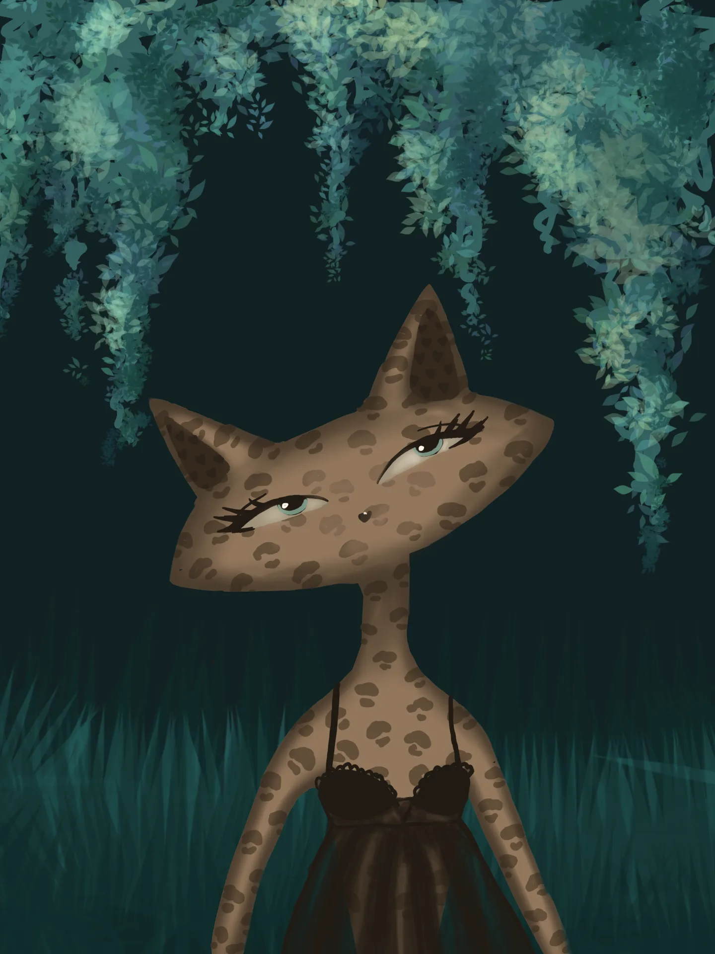 A spotted cat-like figure in a dark dress stands beneath dense hanging leaves.