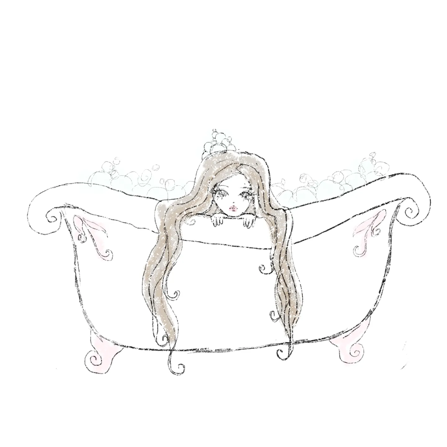 A woman looks over the rim of a claw-foot bathtub, with long hair and bubbles around her.