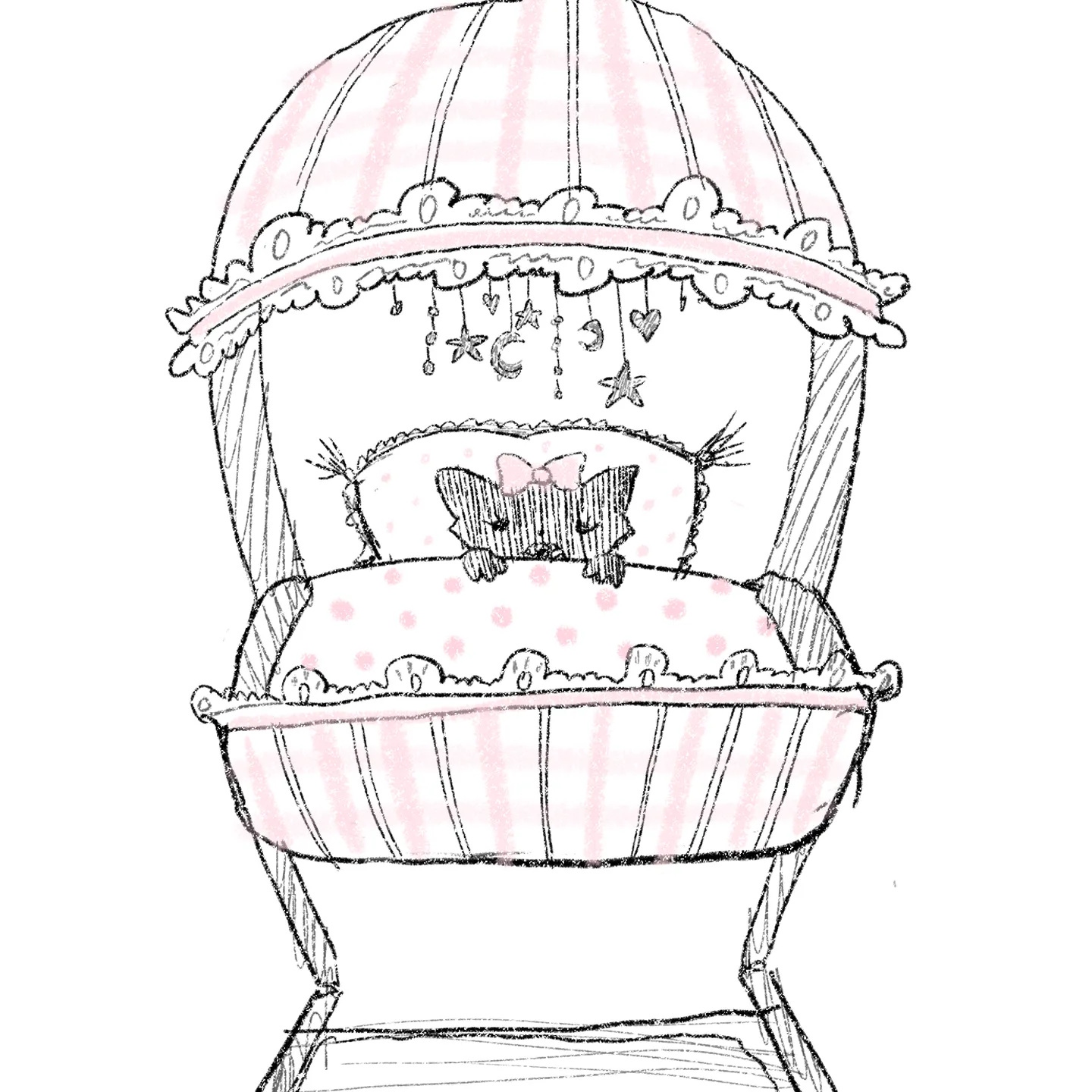 A small sleeping cat peeks from a decorated bed beneath a rounded canopy, surrounded by tiny hanging shapes and patterns.