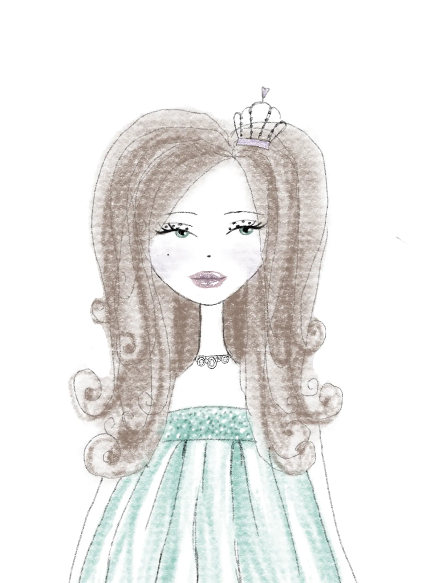 A soft portrait of a woman with green eyes, wavy light-brown hair, a small crown and a mint bodice.