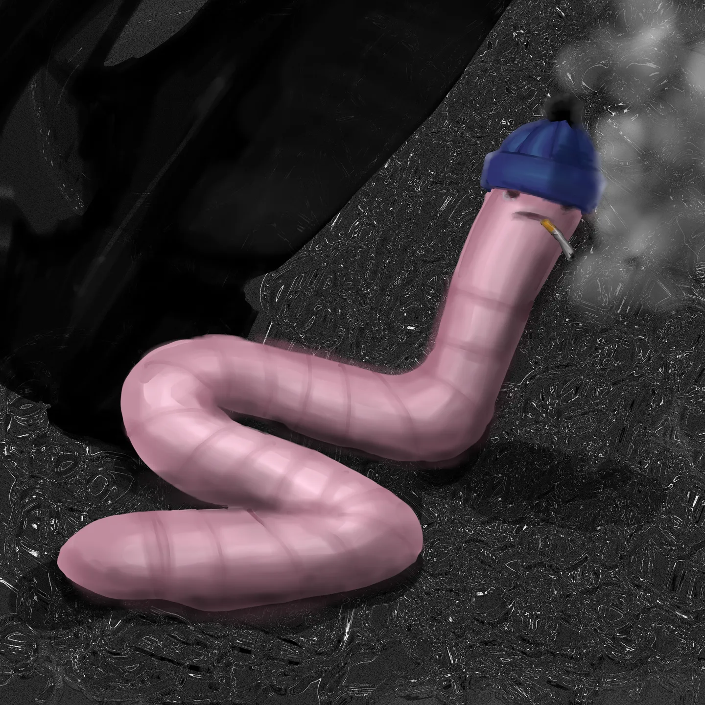 A pink segmented worm-like character wears a blue knit beanie against a dark textured surface.