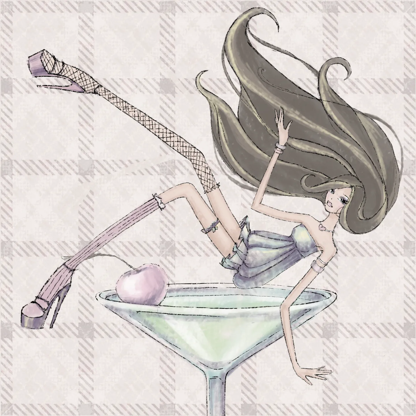 A woman in a mint and lilac outfit balances inside a large cocktail-shaped glass against a checked background.