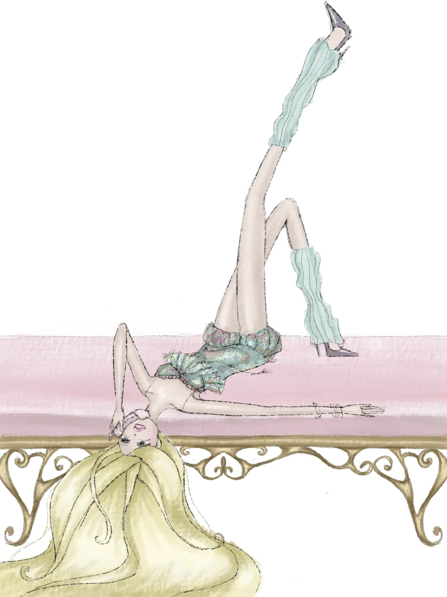 A blonde figure lies across a pink upholstered seat with one leg lifted and her hair falling over the edge.