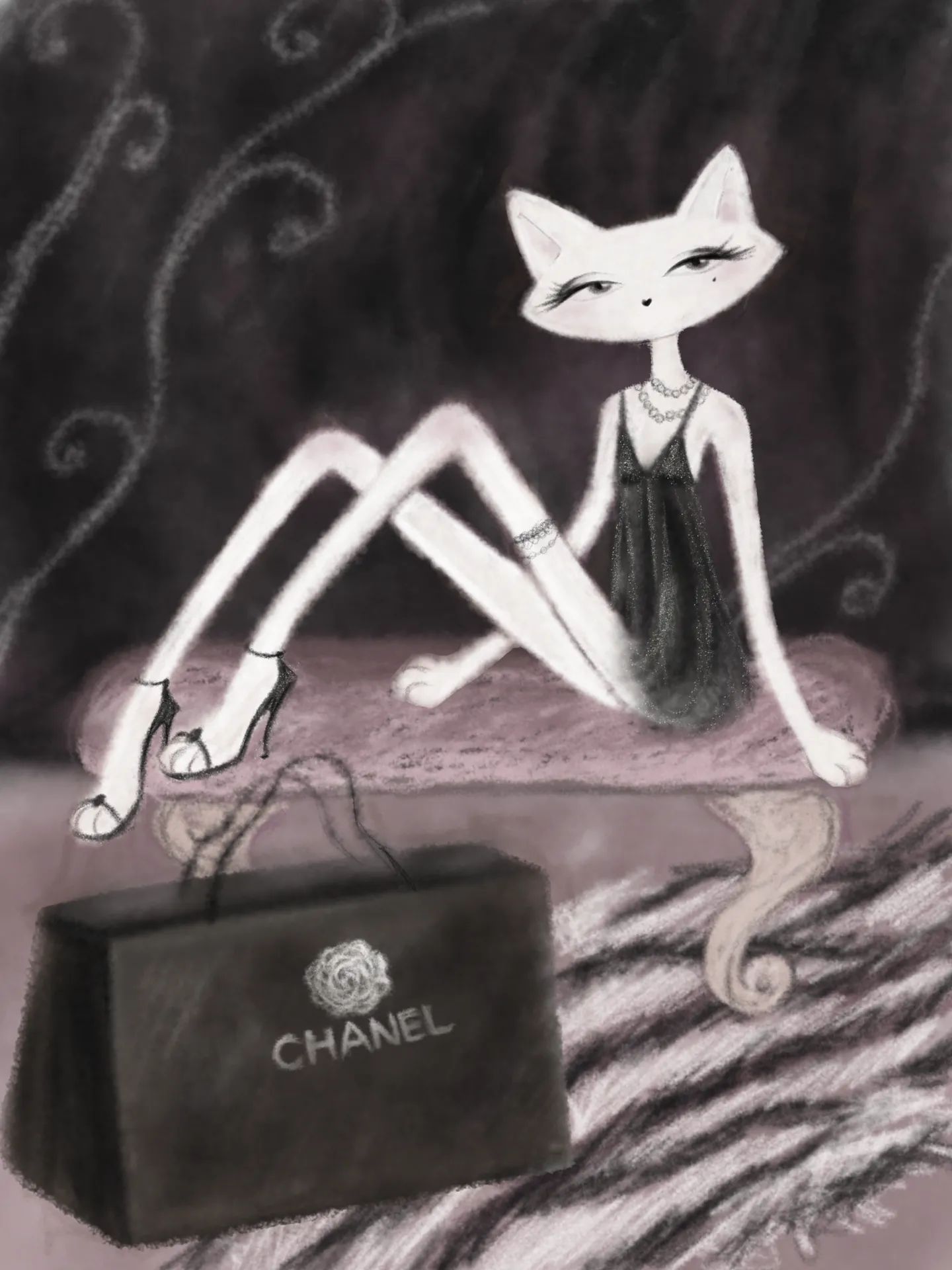 A white cat-like figure in a black slip dress sits against a smoky lilac interior, with a handbag at the lower left.