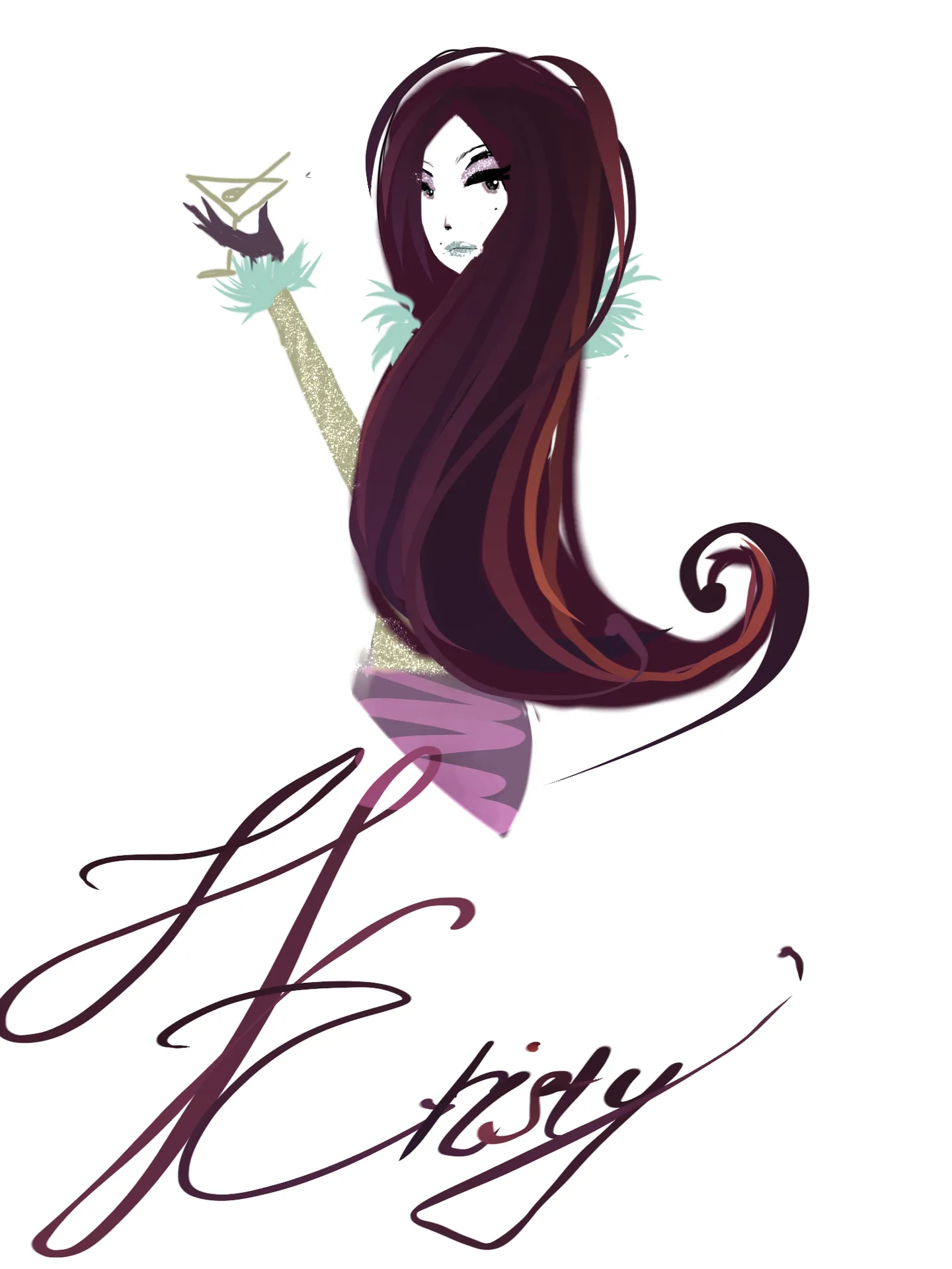 A woman with a long curved tail holds a stemmed glass; a loose flourish sits near the bottom of the image.