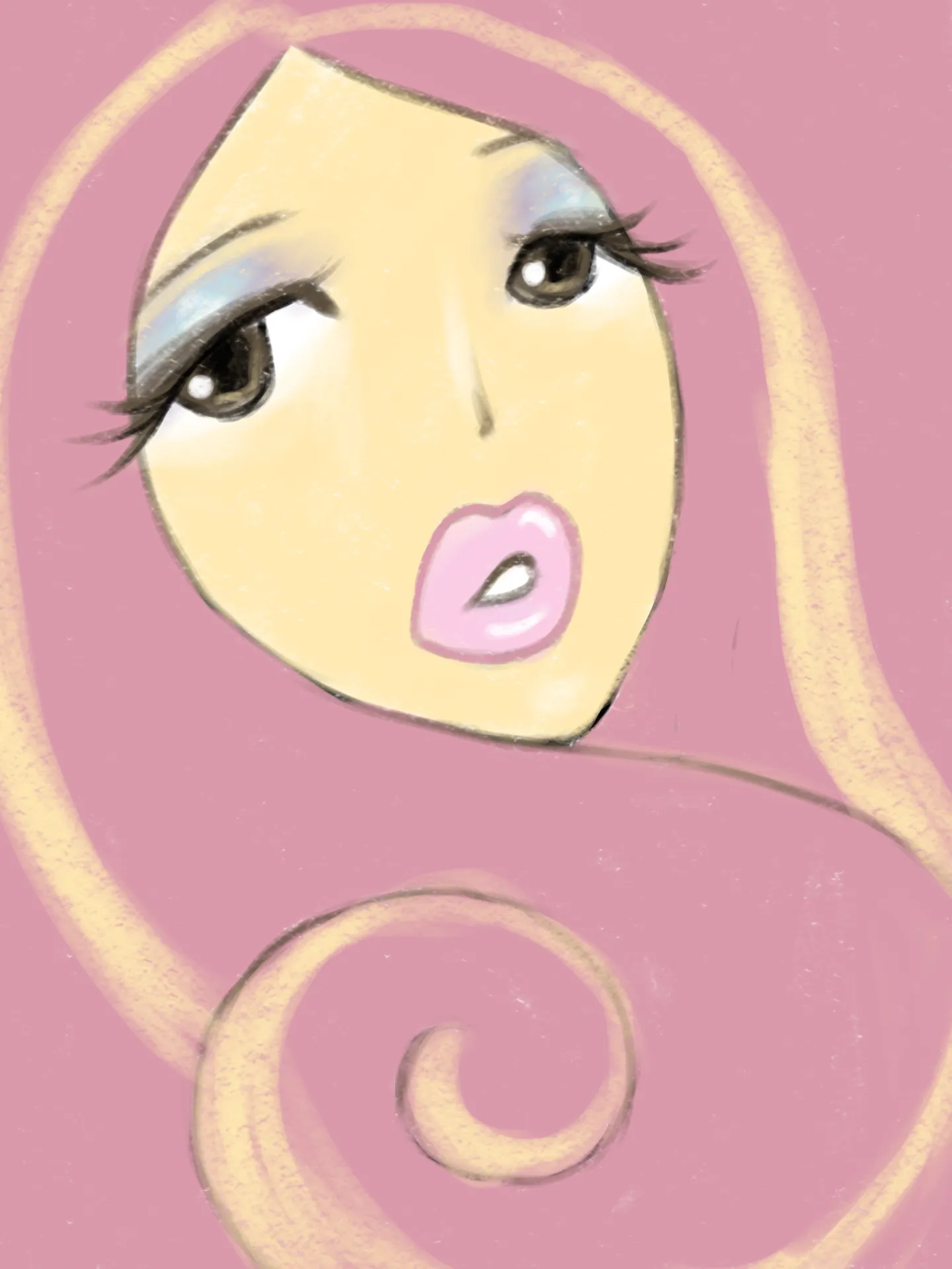 A large front-facing portrait is framed by a broad pink curl edged in pale yellow.