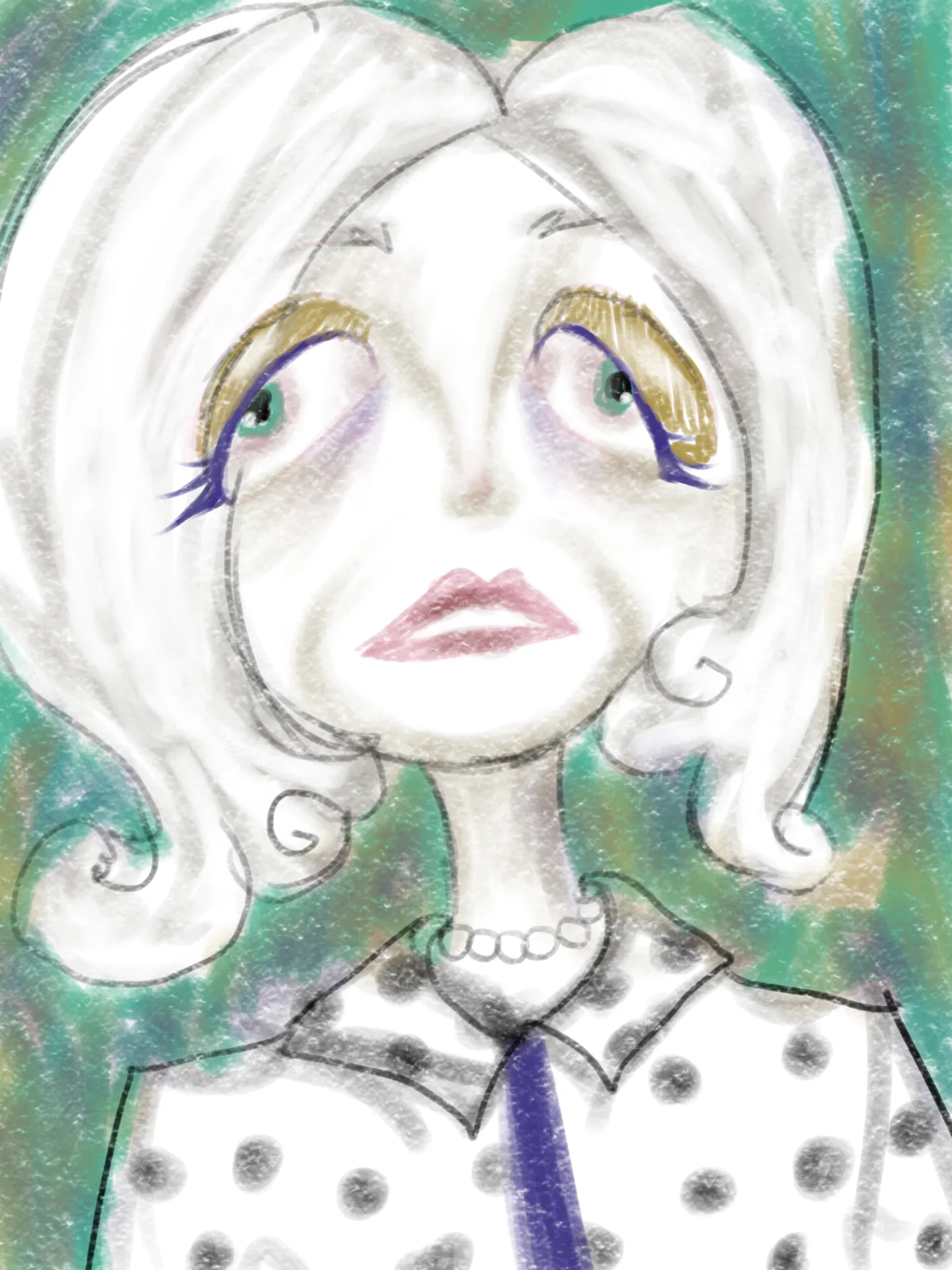 A blonde figure with large green-blue eyes wears a light top patterned with dark circles against turquoise and white fields.