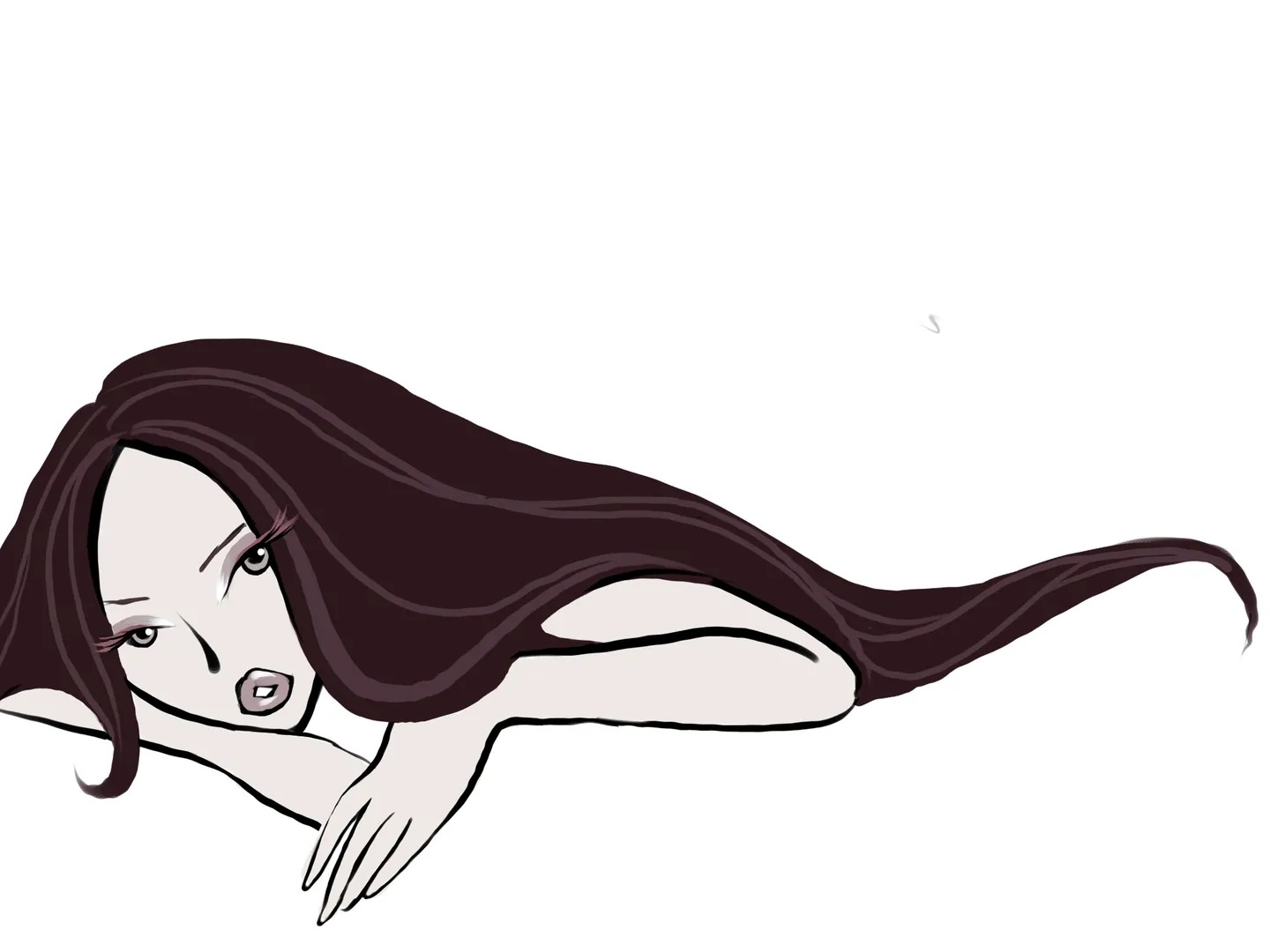 A horizontal figure lies across a white field, with long dark-plum hair sweeping toward the right edge.