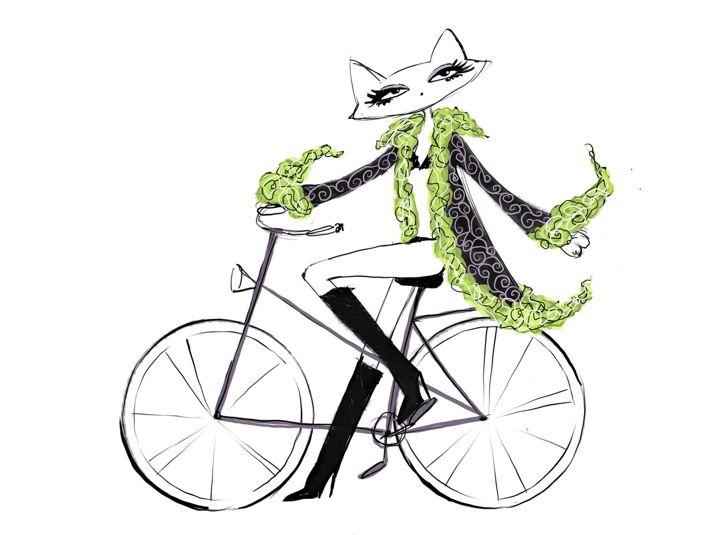A white cat-like figure in a dark coat with bright green trim sits on a bicycle, its full frame visible on a wide white field.