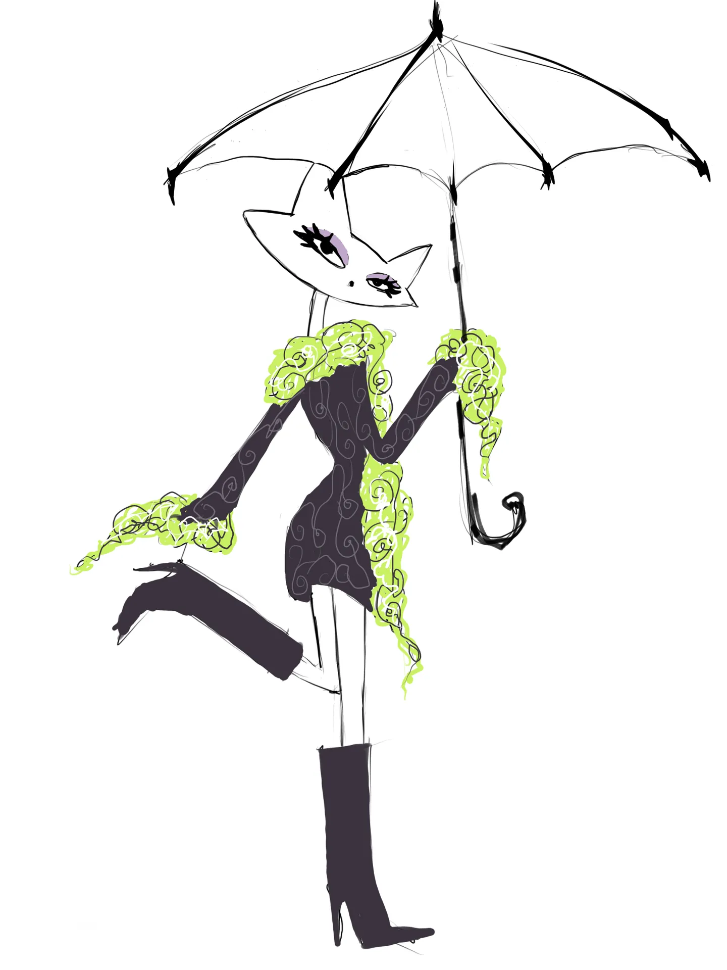 A white cat-like figure in a dark coat stands beneath a broad black umbrella, one leg lifted against a white field.