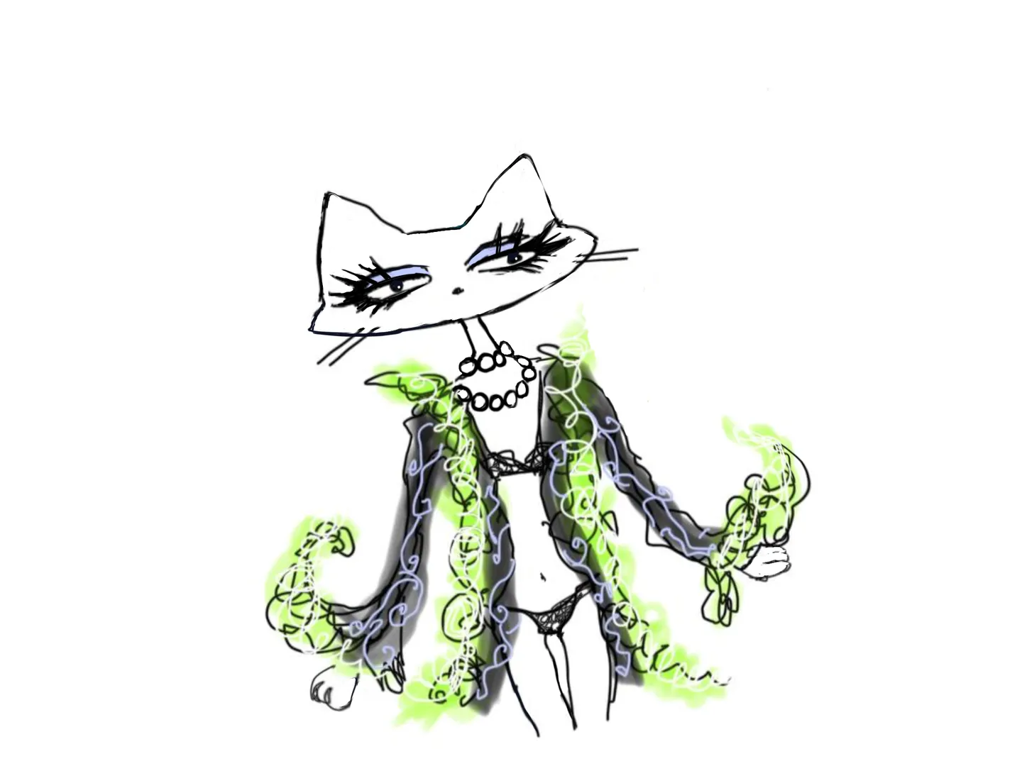 A white cat-like figure wears a dark coat with bright green trim and a beaded necklace.